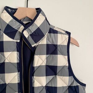 J Crew - size small - navy and white buffalo plaid down puffer vest
